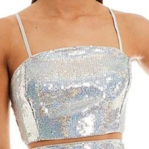 GB Woven Square Neck Coordinating Iridescent Sequin Crop Top